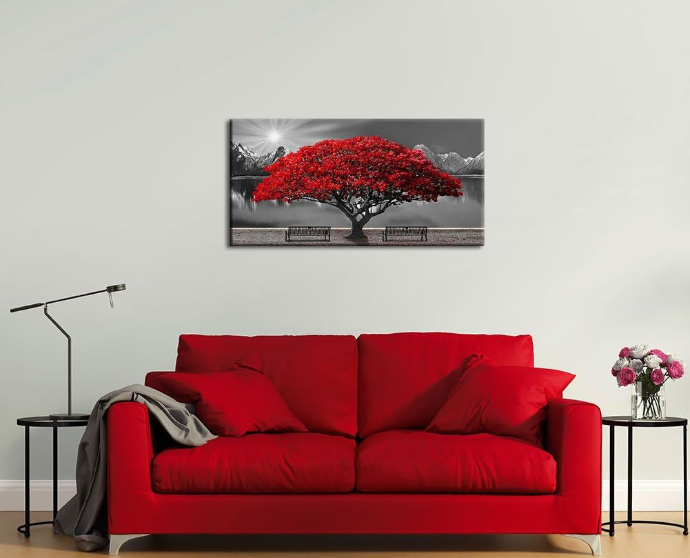 Black & White Red Tree Wall Art Canvas 