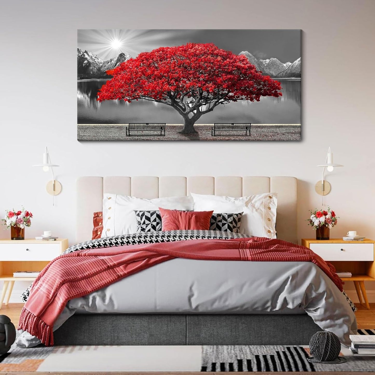 Black & White Red Tree Wall Art Canvas 